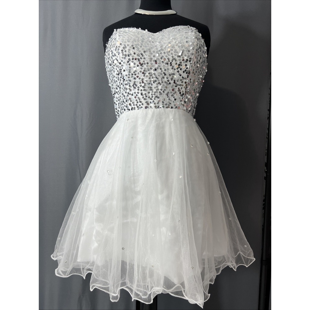 White Strapless Homecoming Prom Sequin Tulle Bridesmaid Wedding Dress Sz XS #J
